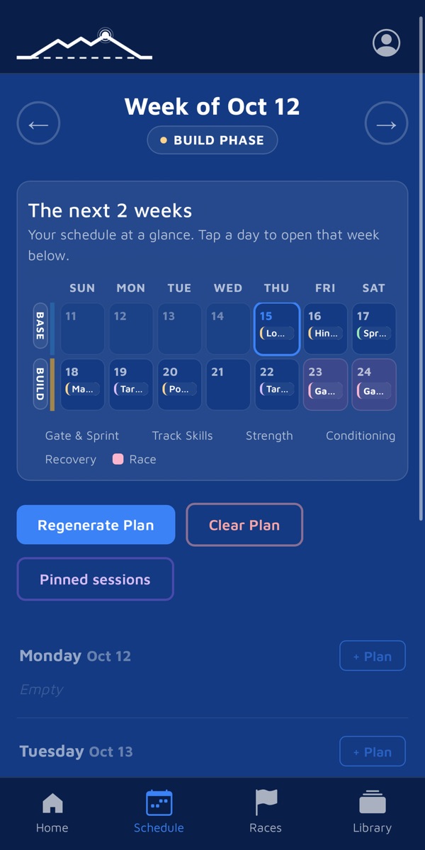 Racepeak Schedule page: the week of October 12 in the Build phase, with two weeks of sessions at a glance and races marked.
