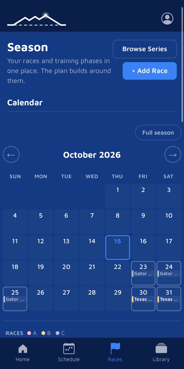 Racepeak Season page: an October race calendar with Gator Nationals and a Texas race marked by priority.