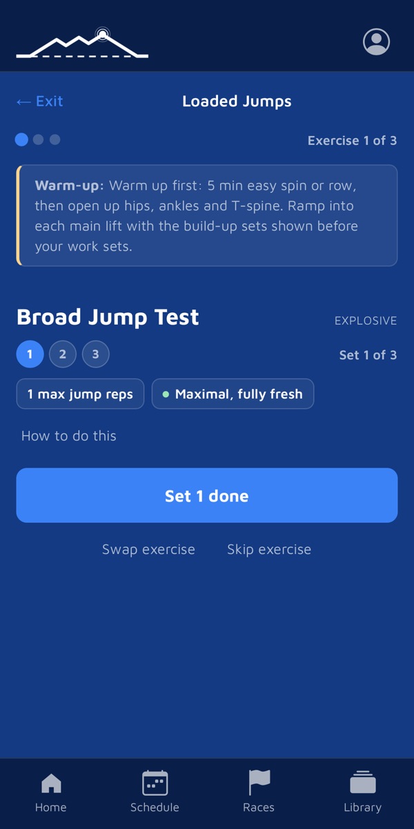 Racepeak session mode: exercise 1 of 3, Broad Jump Test, set 1 of 3, with a Set done button and options to swap or skip.